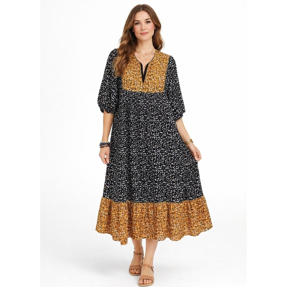 Anthropologie Floral Midi Dress Ruffle Hemline Medium